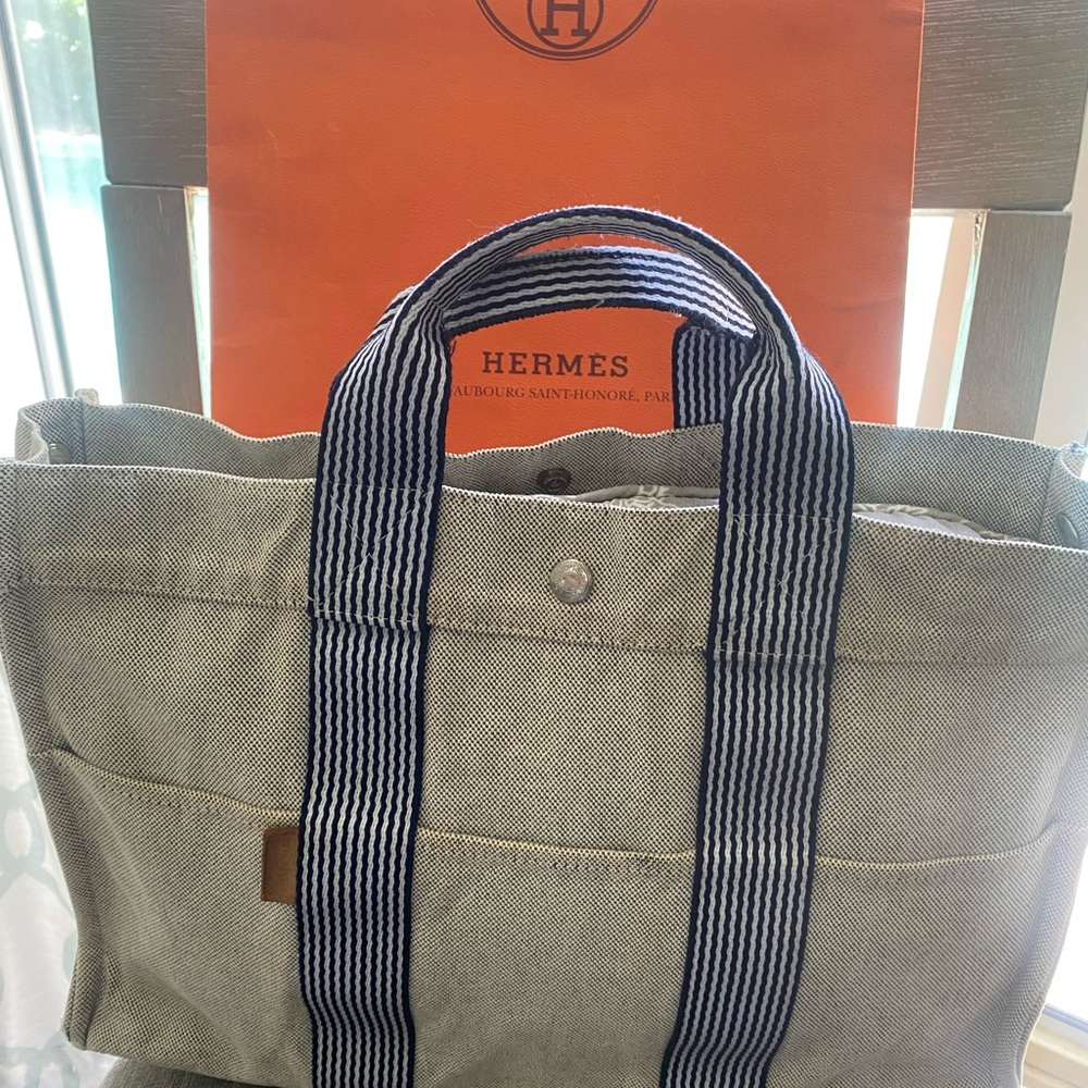 Hermes Gray Canvas Tote with Blue Striped Handles